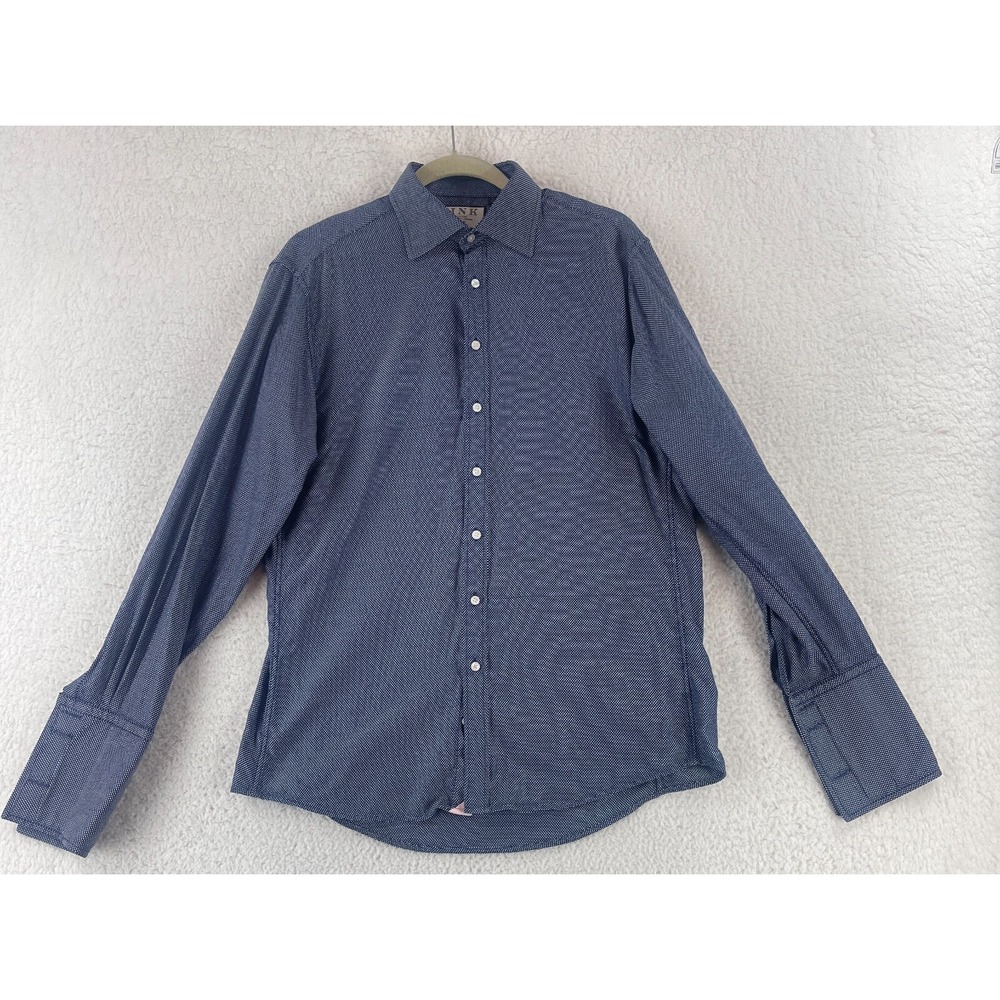 Thomas Pink Button-Up Dress Shirt Mens Large Blue Geo Print Slim Fit Long Sleeve